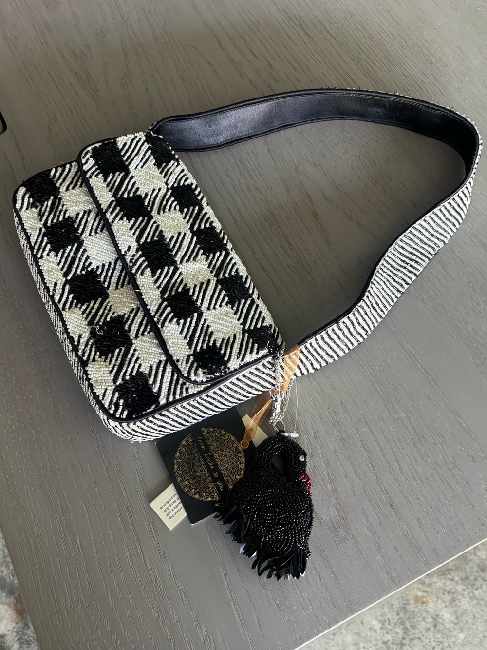 Black & White Beaded Crossbody Bag with Tassel Charm